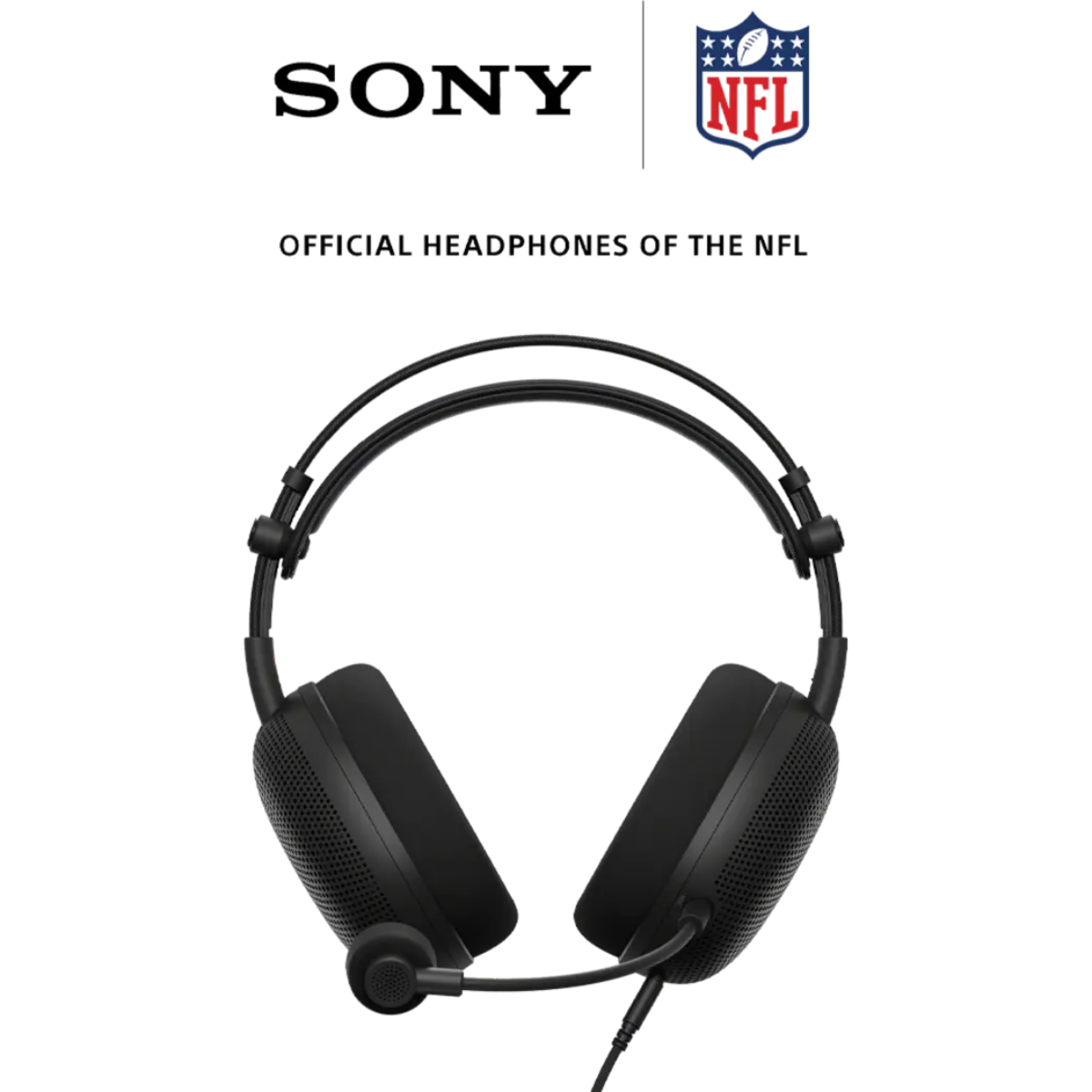 Black Sony over-ear gaming headphones with an attached microphone, shown below the SONY and NFL logos on a plain white background.