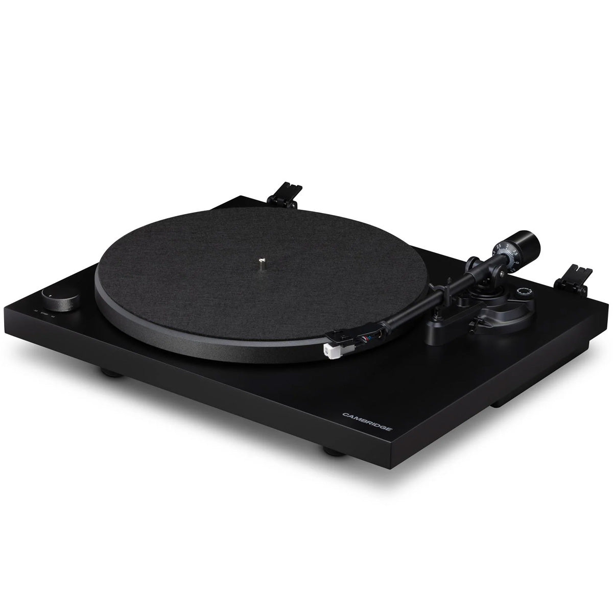 Cambridge Audio Spira Bluetooth Turntable Black angled front view with dustcover removed