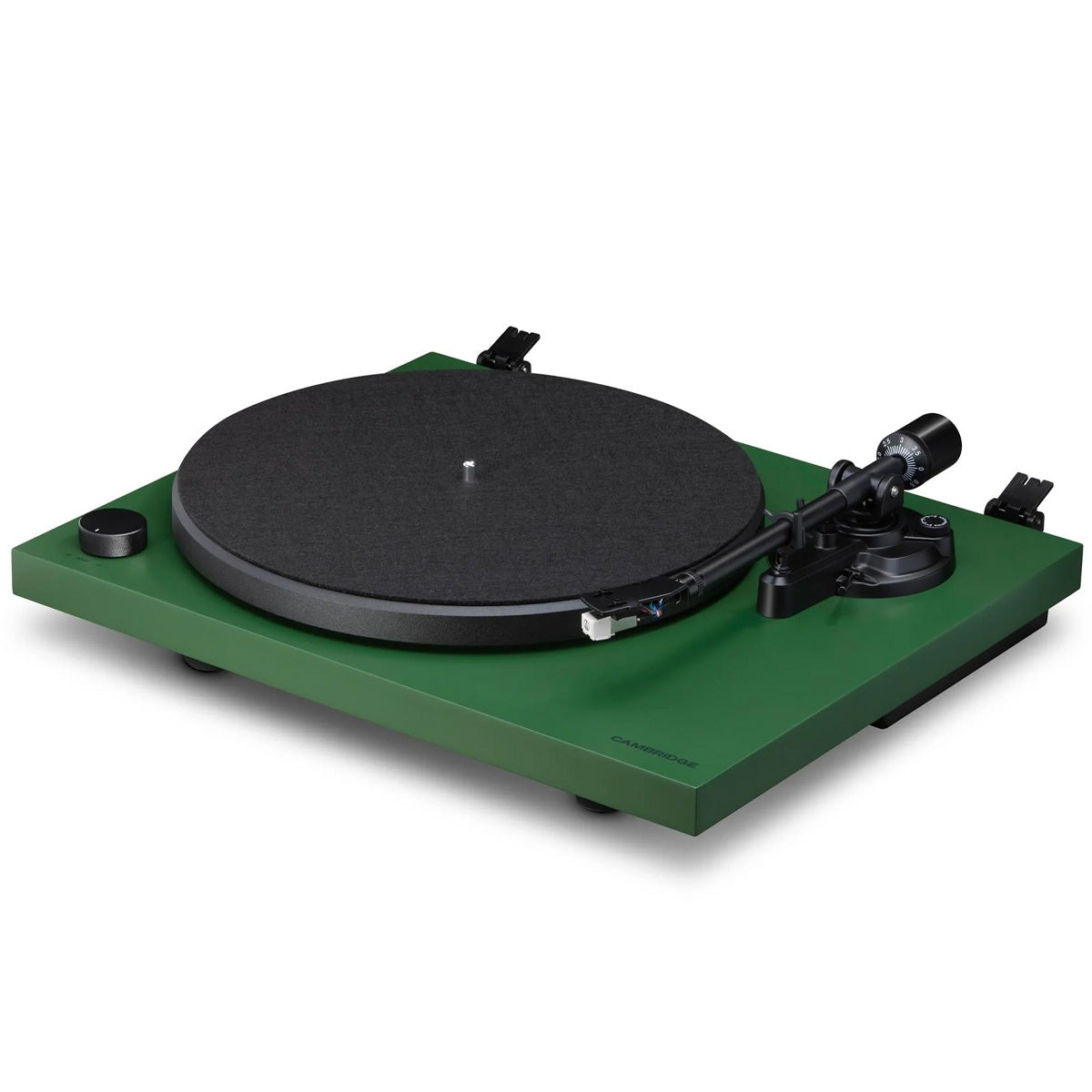 Cambridge Audio Spira Bluetooth Turntable Green angled front view with dustcover removed