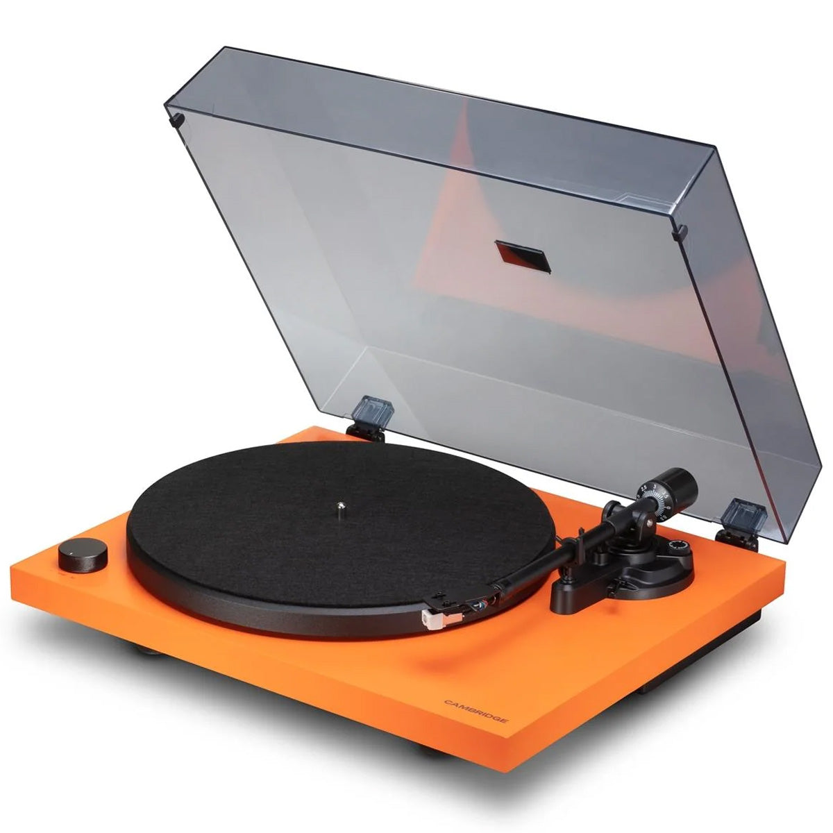 Cambridge Audio Spira Bluetooth Turntable Orange angled front view with dustcover open