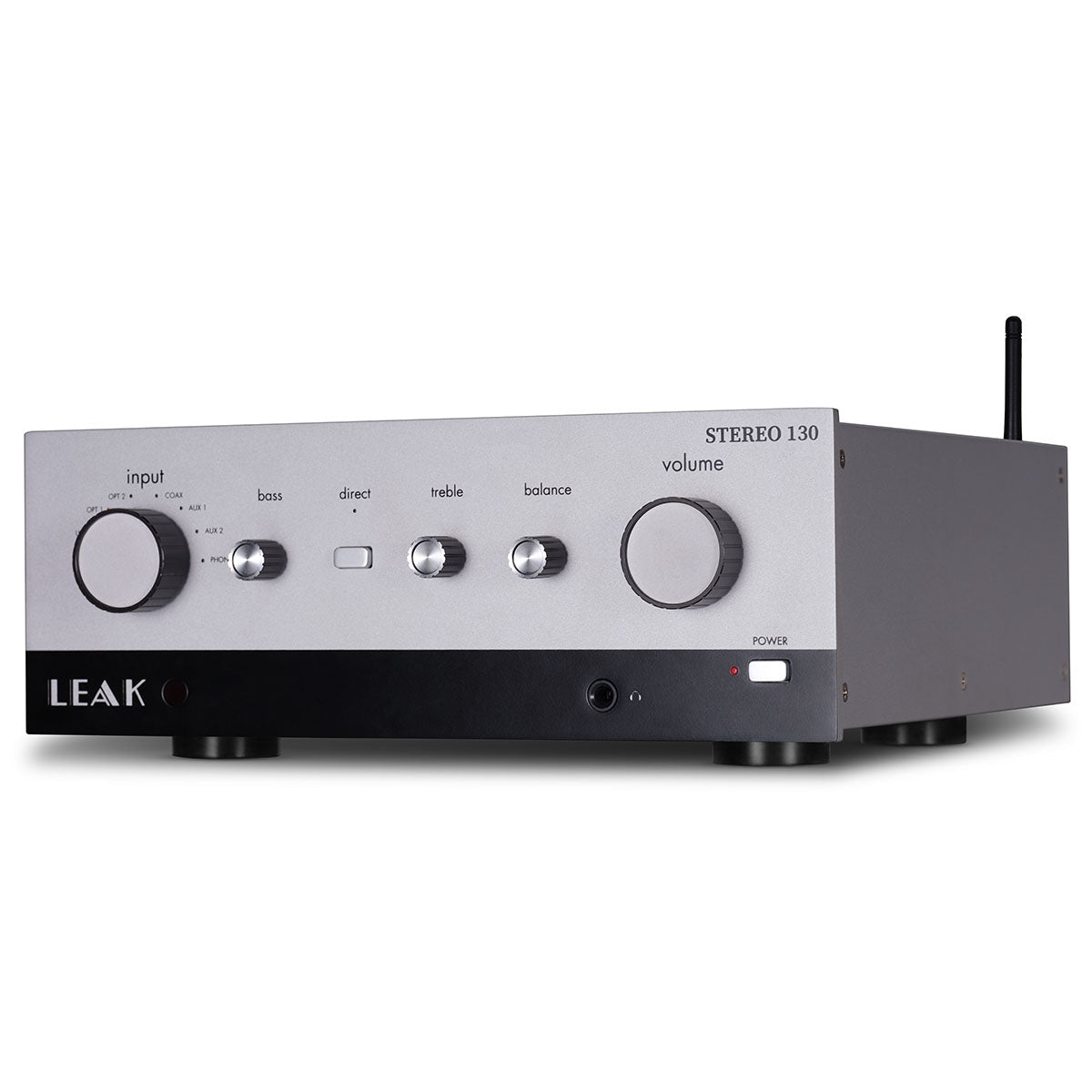 Leak Audio Stereo 130 Integrated Amplifier - Silver - front view angled left