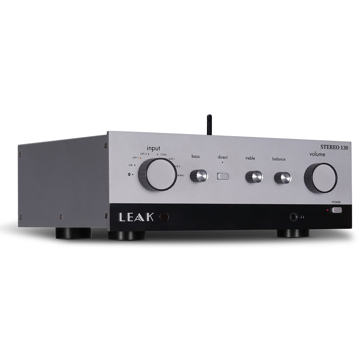 Leak Audio Stereo 130 Integrated Amplifier - Silver - front view angled right