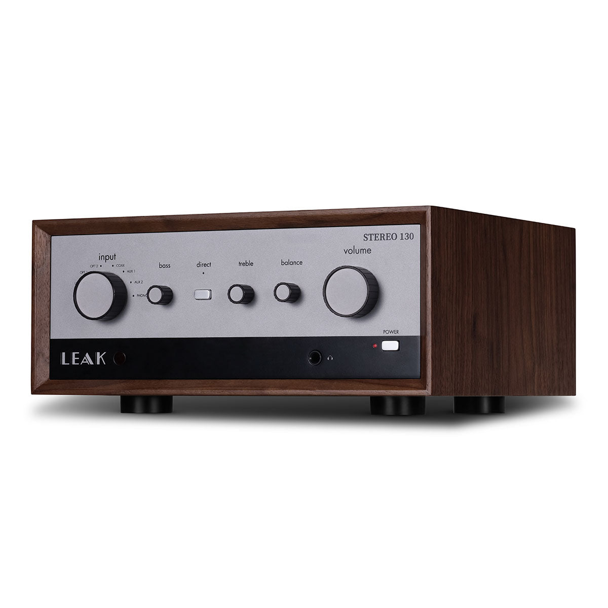 Leak Audio Stereo 130 Integrated Amplifier - Walnut - front view angled left
