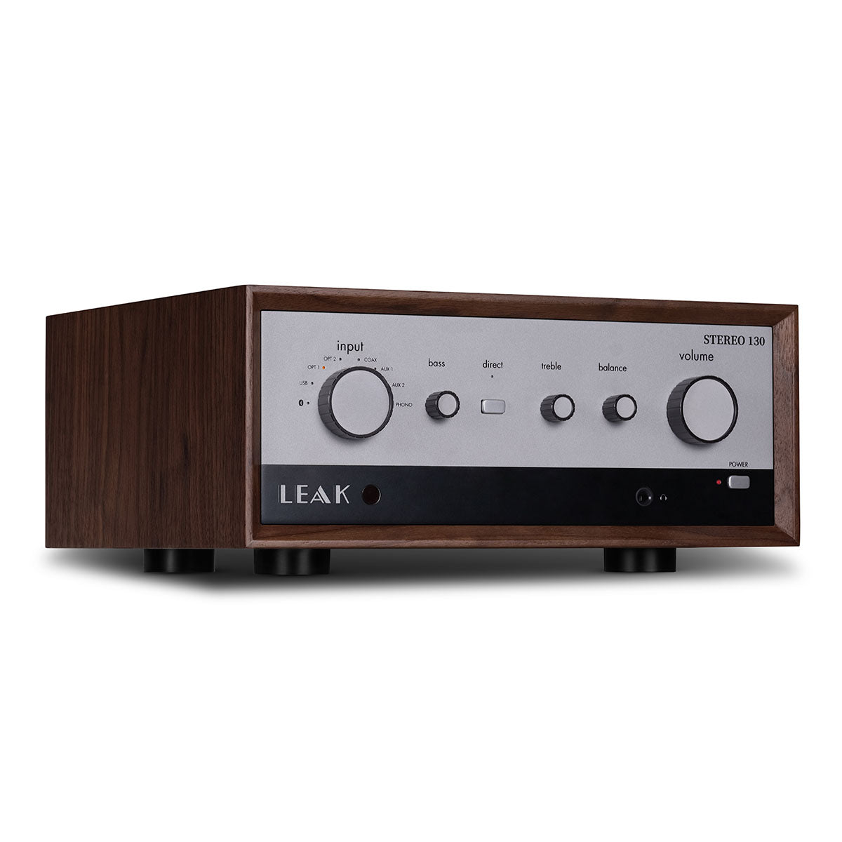 Leak Audio Stereo 130 Integrated Amplifier - Walnut - front view angled right