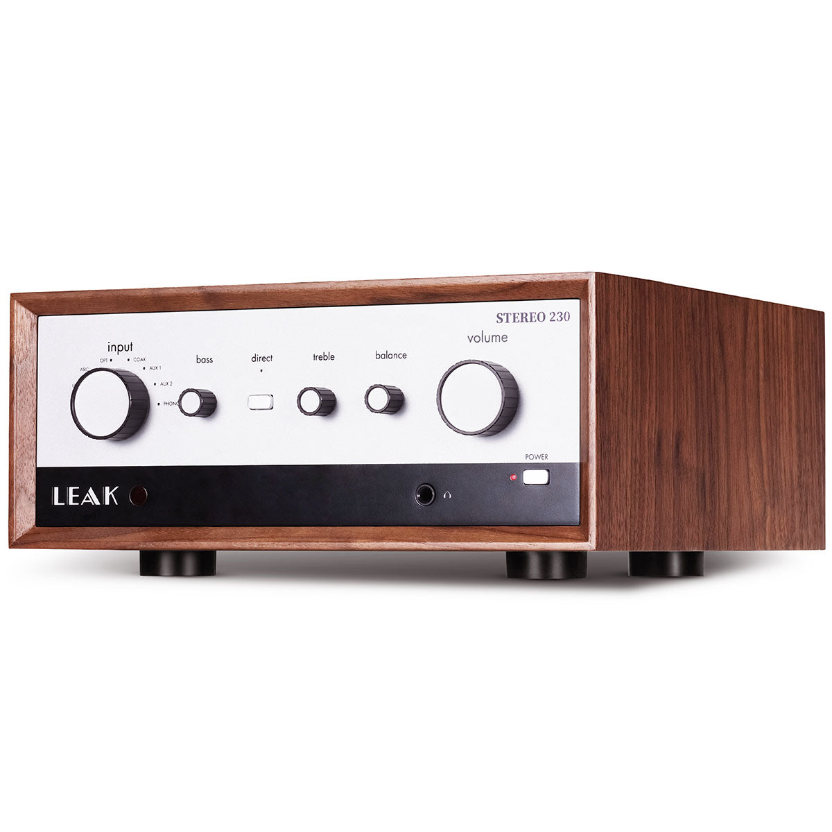 Leak Audio Stereo 230 Integrated Amplifier - Walnut - front view angled left