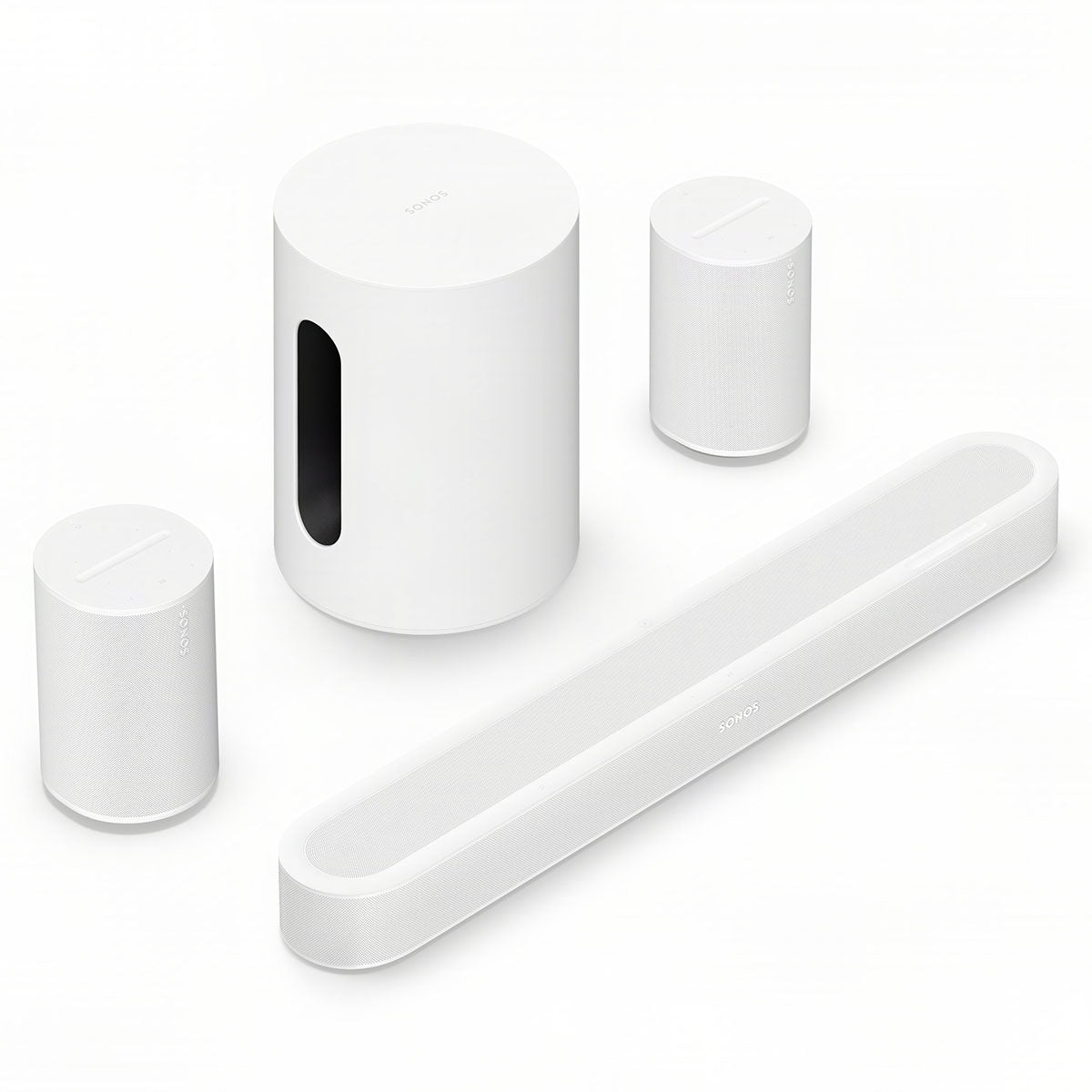 Sonos Beam Ultra Soundbar - white - front and top view angled right with one Sonos Sub Mini and two Sonos Era 100 behind bar