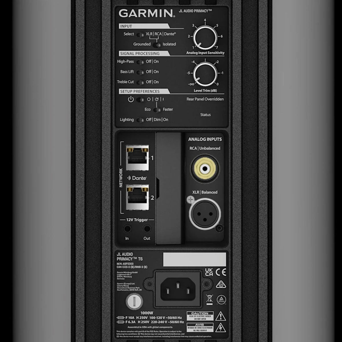 JL Audio Primacy T6 Active Floorstanding Loudspeaker close-up of inputs and controls