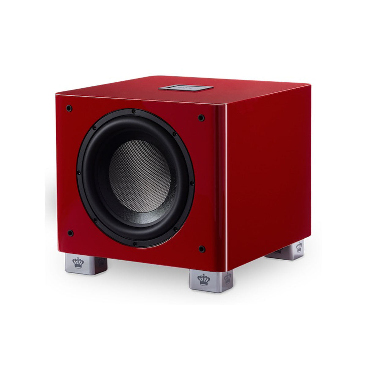 REL Acoustics T/9x SE Subwoofer Red three quarter front view angled left without grille