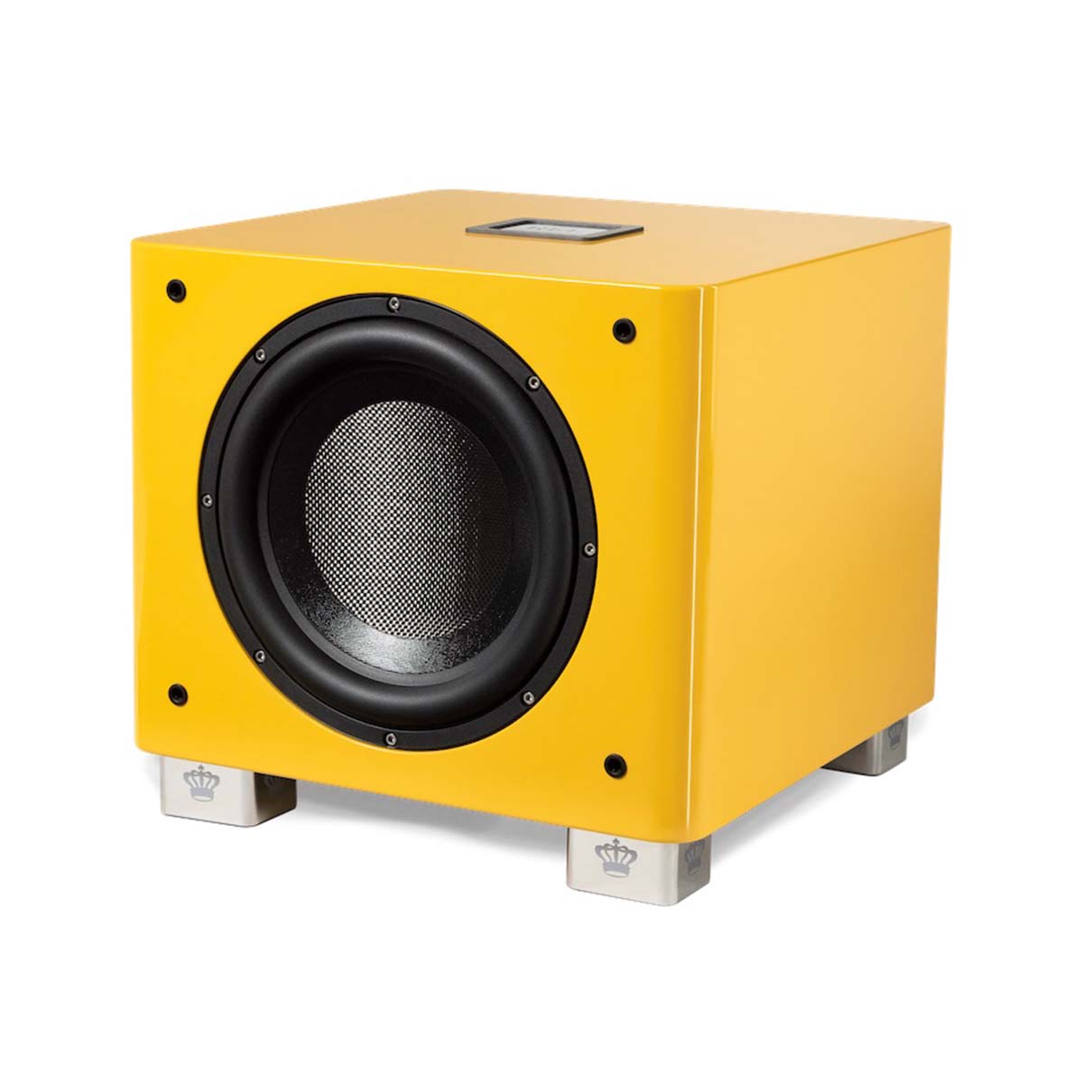 REL Acoustics T/9x SE Subwoofer Yellow three quarter front view angled left without grille