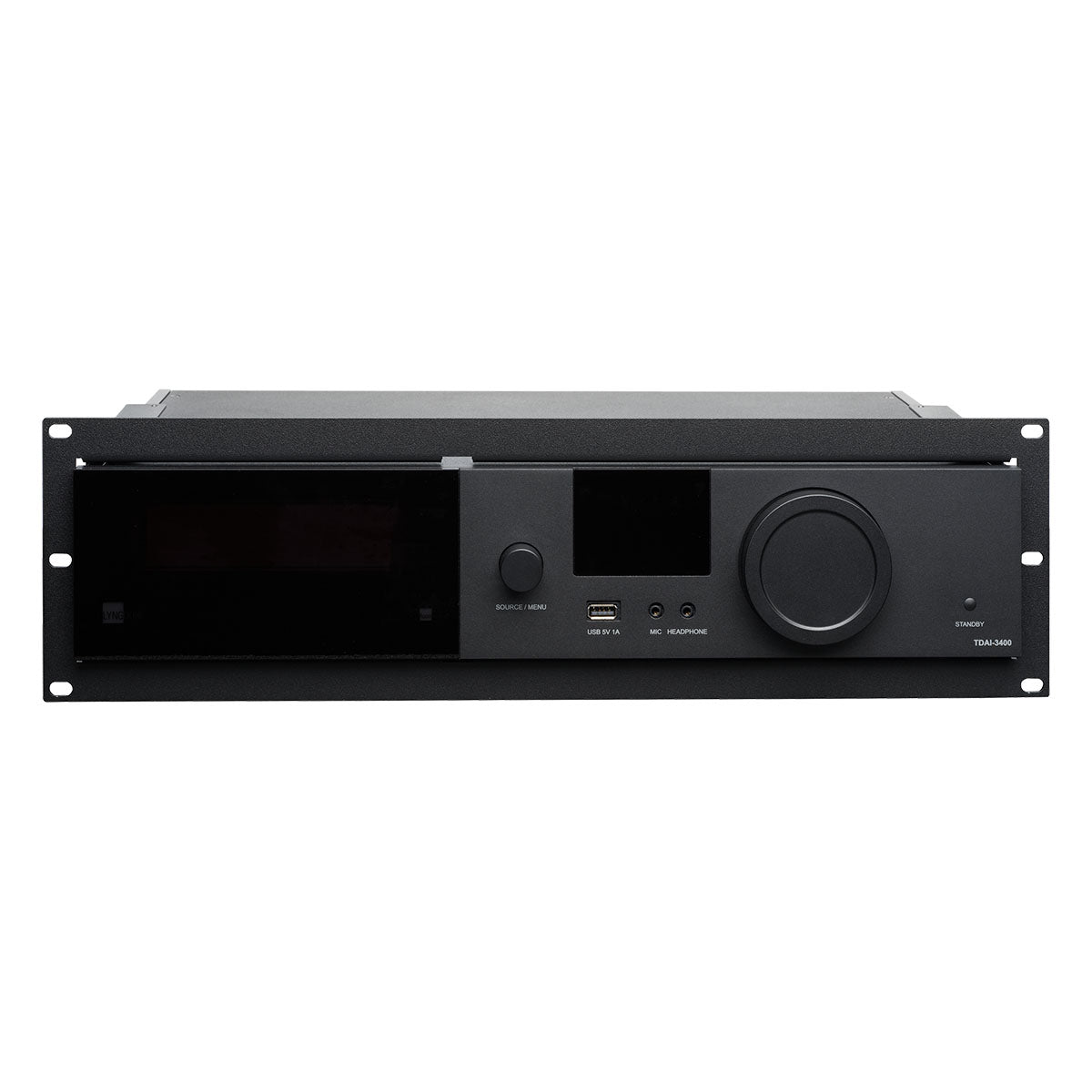 Lyngdorf TDAI-3400 Flagship Digital Integrated Amplifier with RoomPerfect front view in rack mount