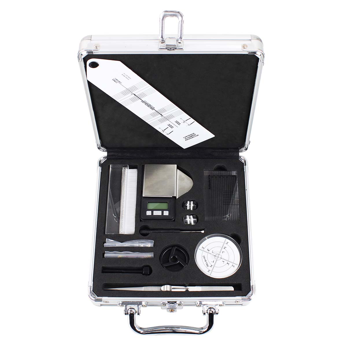 Lenco TTA-12IN1PRO Professional 12-in-1 Turntable Setup and Record Cleaning Kit open case with accessories in place top-down view