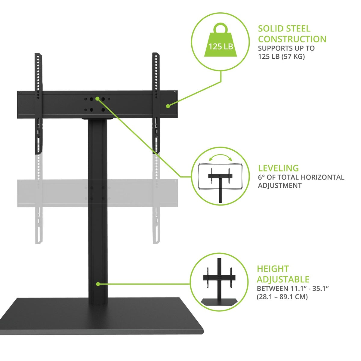 Black TV stand with features highlighted on a white background