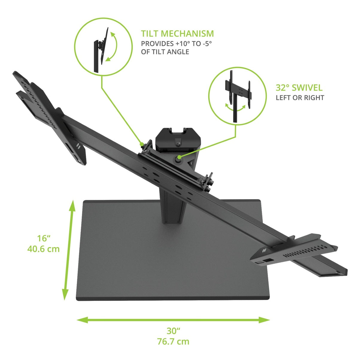 Monitor stand with tilt, swivel, and height adjustment features on a white background