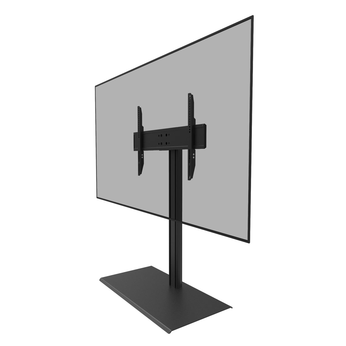 Black adjustable TV stand with a screen on a white background