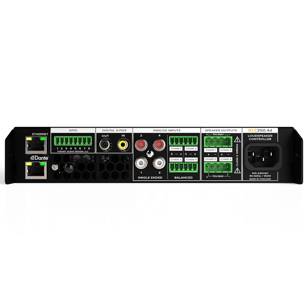 Theory DLC-250.4d 250W 4-Channel Distribution Loudspeaker Controller with Dante - rear view showing inputs