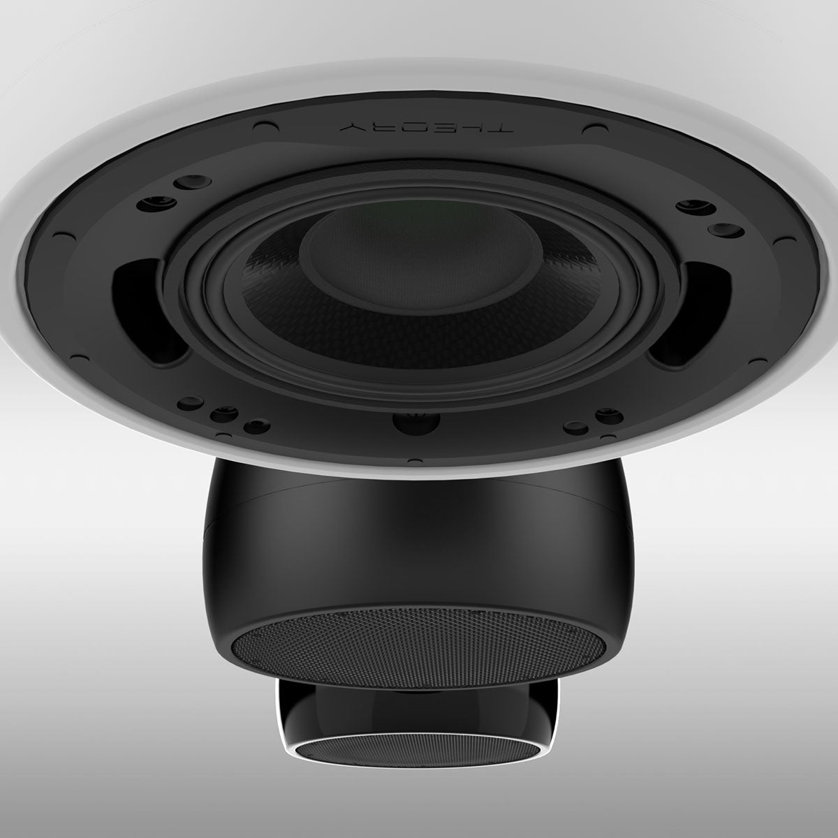 Theory ic6 Pendant Housing - black on left, white on right - close up showing sold-separately ic6 speaker in pendant without grille, two units in background with grilles.