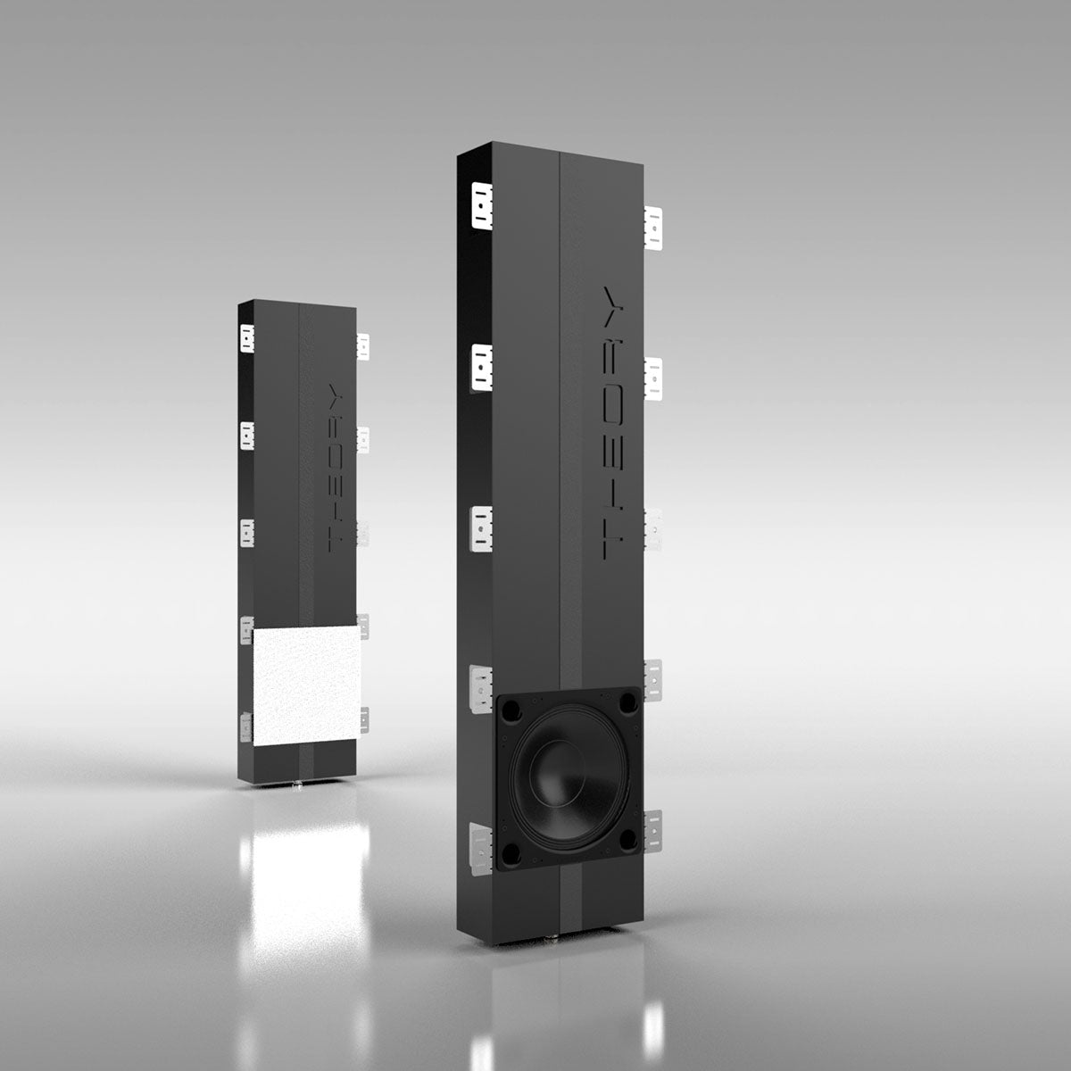 Enclosure for Theory iws12-6 Architectural Subwoofer - two units angled right, one in foreground without grille, one in background to left with white grille