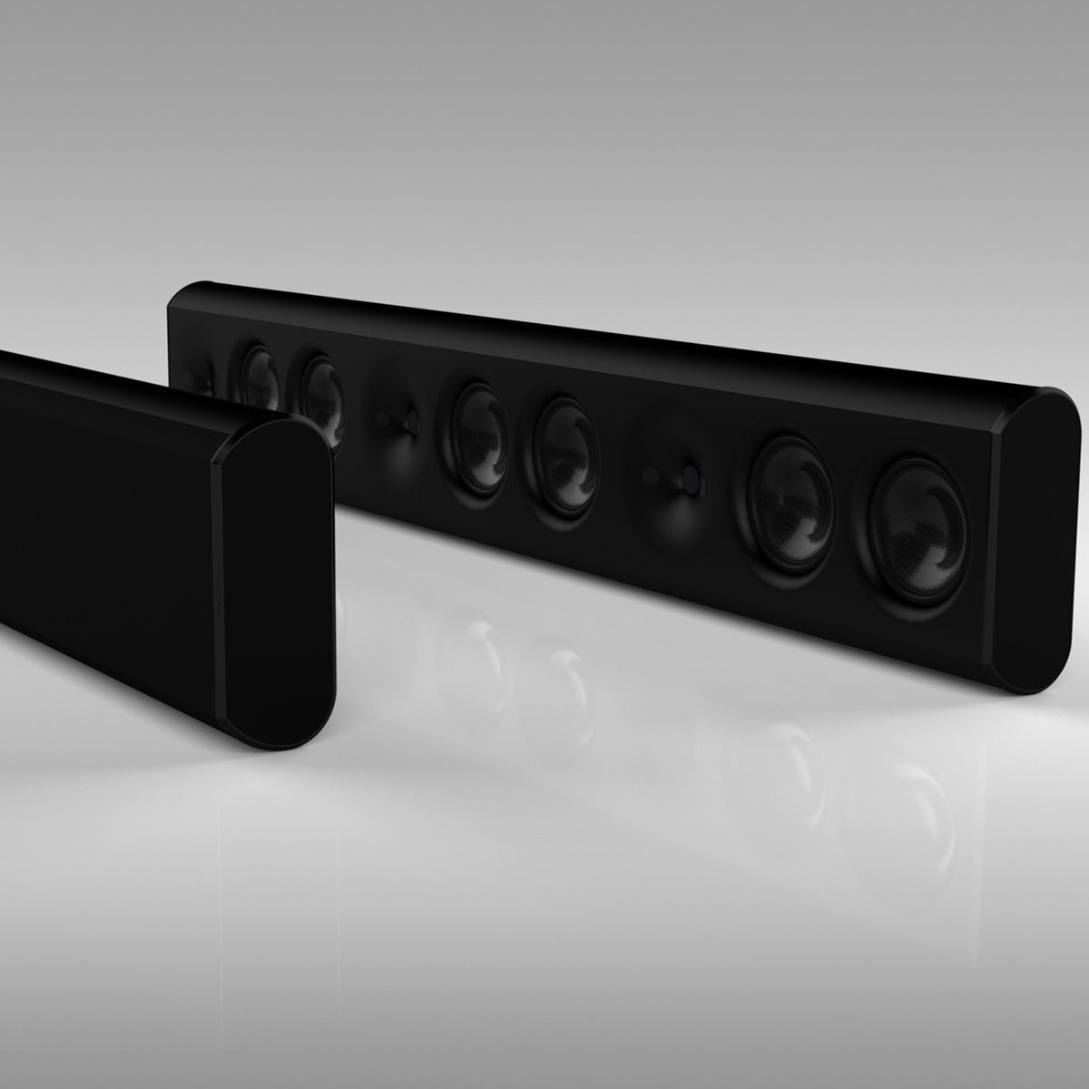 Theory sb65 High Output 3-Channel Passive Soundbar for 65-inch TV's - Black - two units front view angled left, one with grille to left and one without grille to right