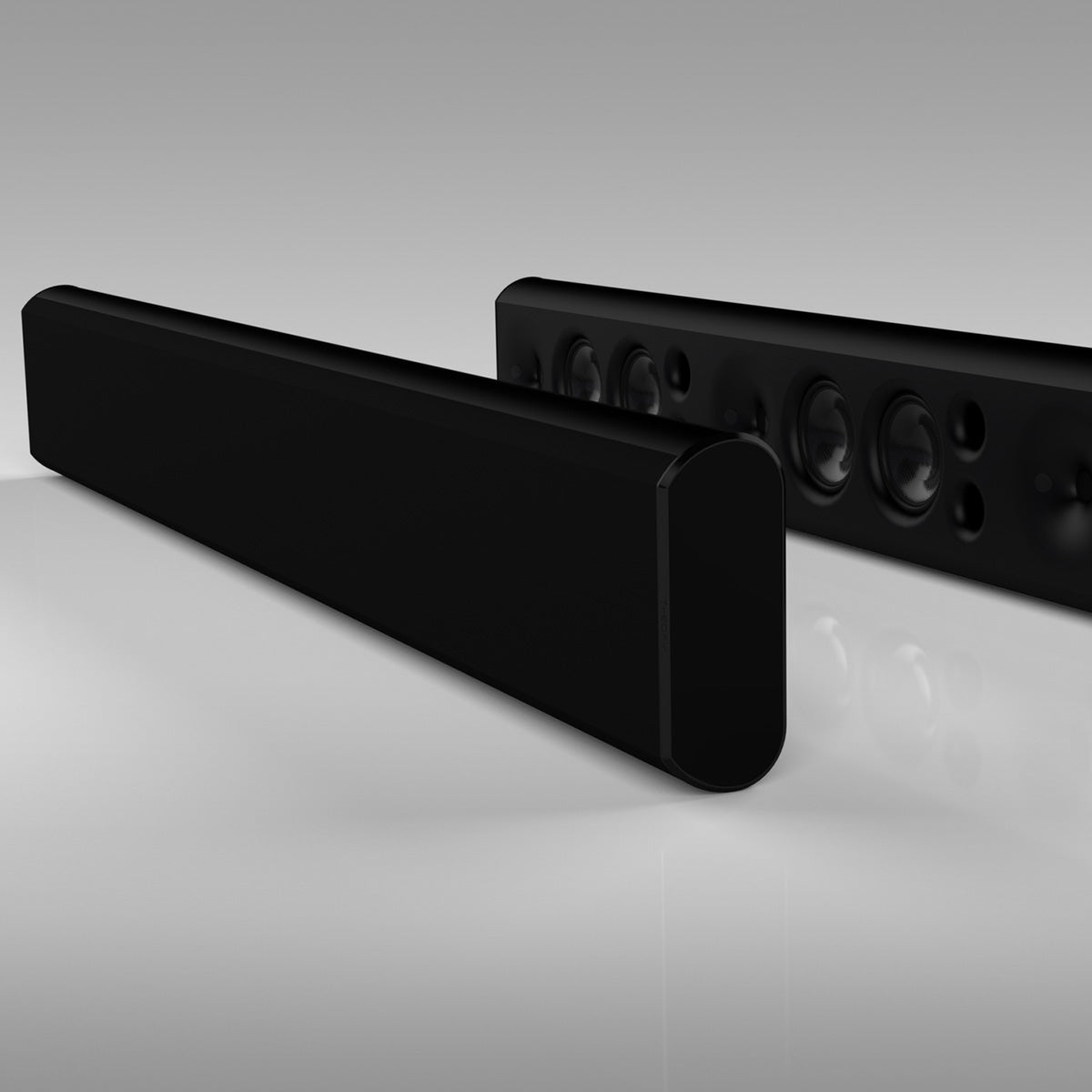 Theory sb75 High Output 3-Channel Passive Soundbar for 75-inch TV's - Black - two units angled left, one in foreground with grille, one in background to right without grille