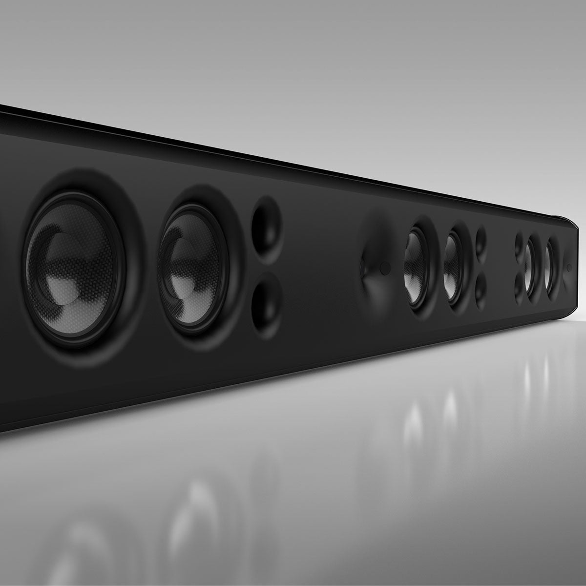 Theory sb85 High Output 3-Channel Passive Soundbar for 85-inch TV's - Black - three-quarter front view angled right without grille