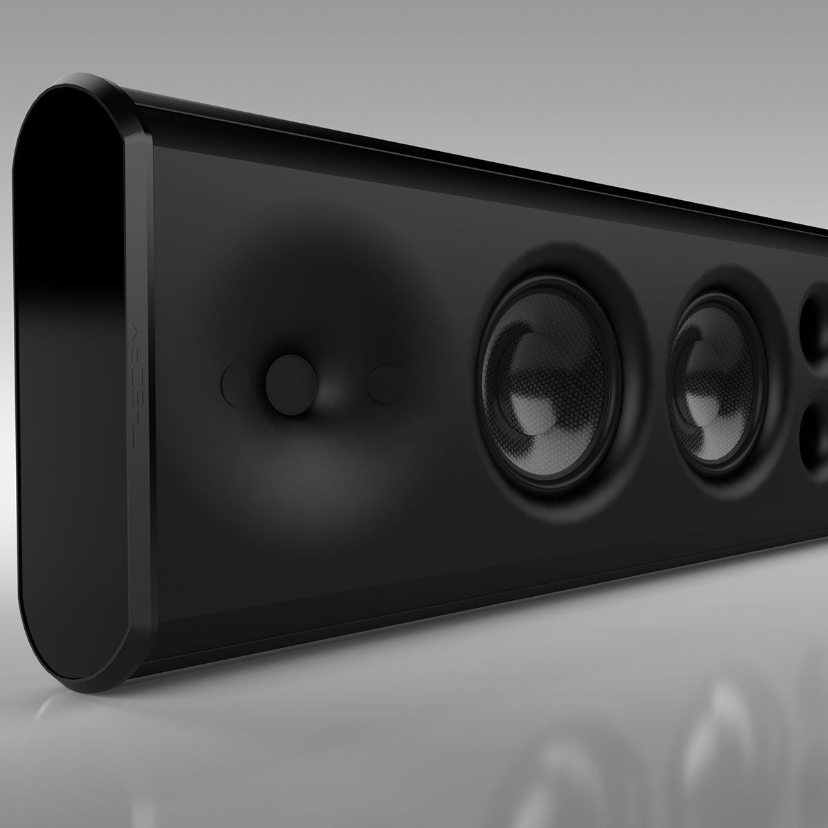 Theory sb85 High Output 3-Channel Passive Soundbar for 85-inch TV's - Black - three-quarter front view angled right without grille close-up of left side