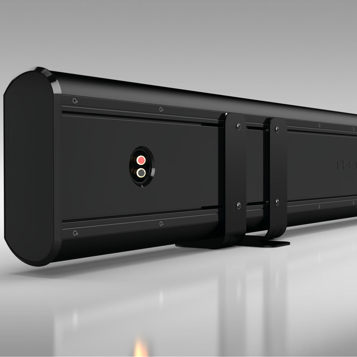 Theory sb85 High Output 3-Channel Passive Soundbar for 85-inch TV's - Black - three-quarter rear view angled left close-up of left end on additional stands (sold separately)