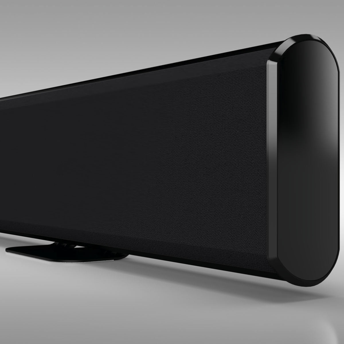 Theory sb85 High Output 3-Channel Passive Soundbar for 85-inch TV's - Black - three-quarter front view angled left with grille close-up of right end on additional stands (sold separately)