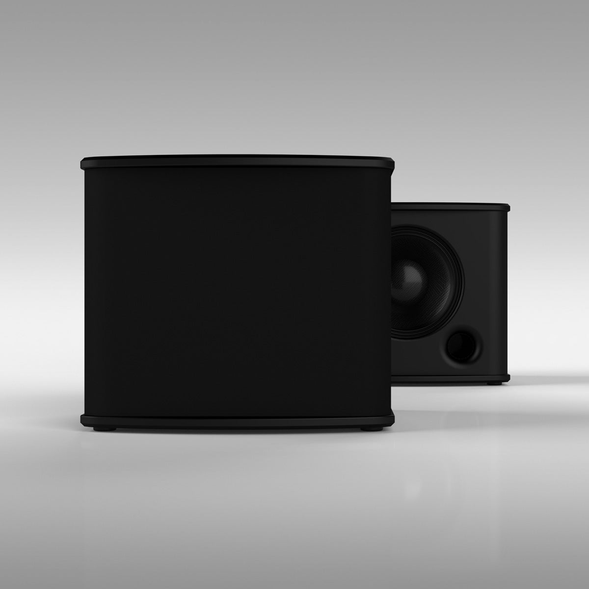 Theory sub12 12-inch Passive Subwoofer - Black - two units facing forward, unit to left in foreground with grille, unit in background to right without grille