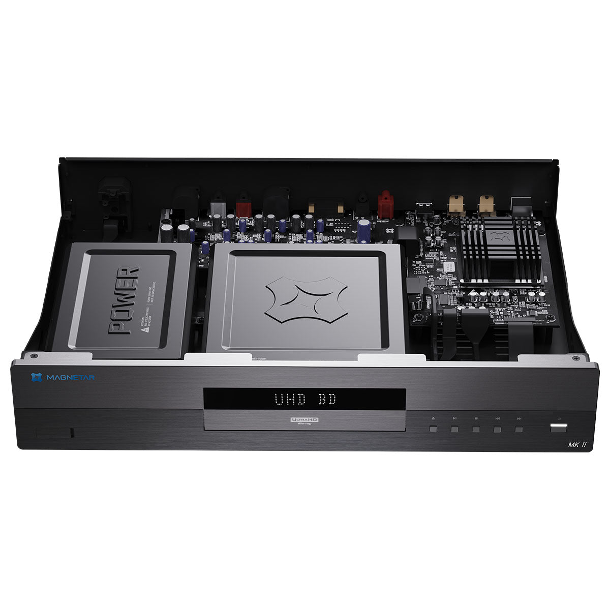 Magnetar UDP800 MKII - 4K UHD Universal Media Player - front and top view with top panel removed to show internal components