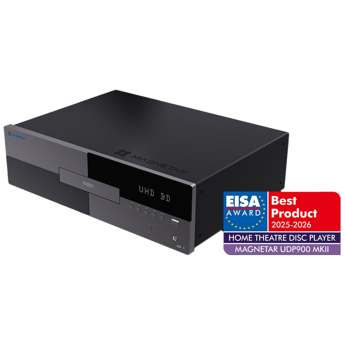 Magnetar UDP900 MKII - 4K Blu-ray Ultra HD Player - front view angled left with EISA Best Product Award logo to right