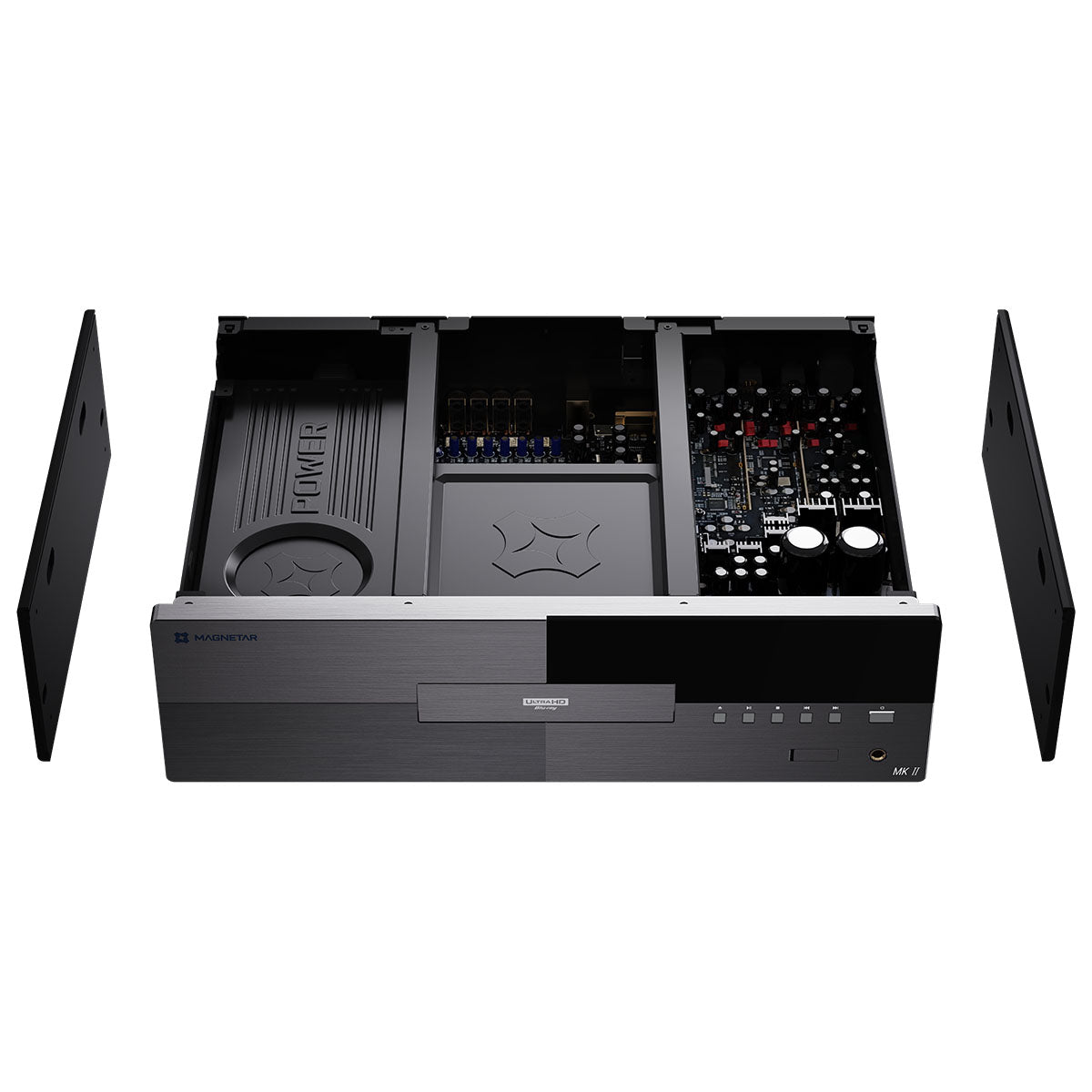Magnetar UDP900 MKII - 4K Blu-ray Ultra HD Player - front and top view with top panel removed and side panels removed to either side to show internal components