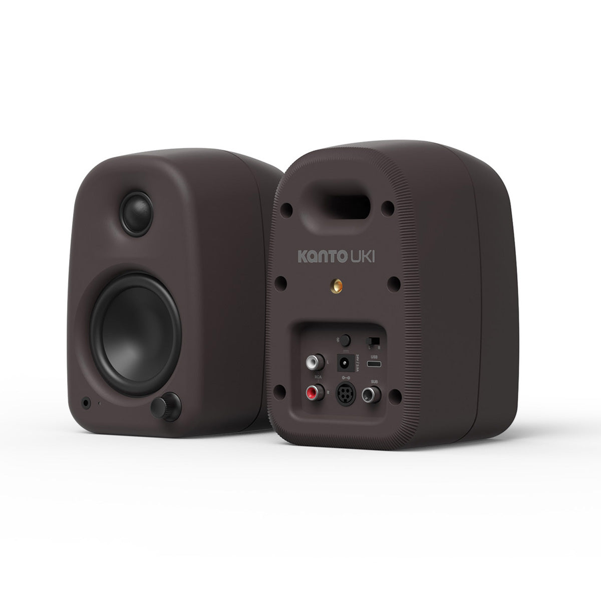 Kanto UKI Compact Desktop Speakers - Pumice pair - angled front and rear views