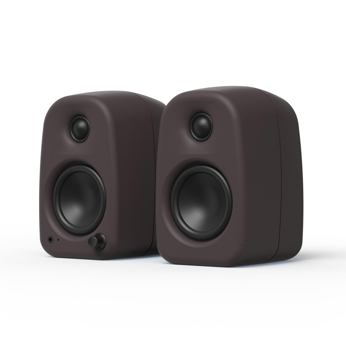 Kanto UKI Compact Desktop Speakers - Pumice pair - angled front view