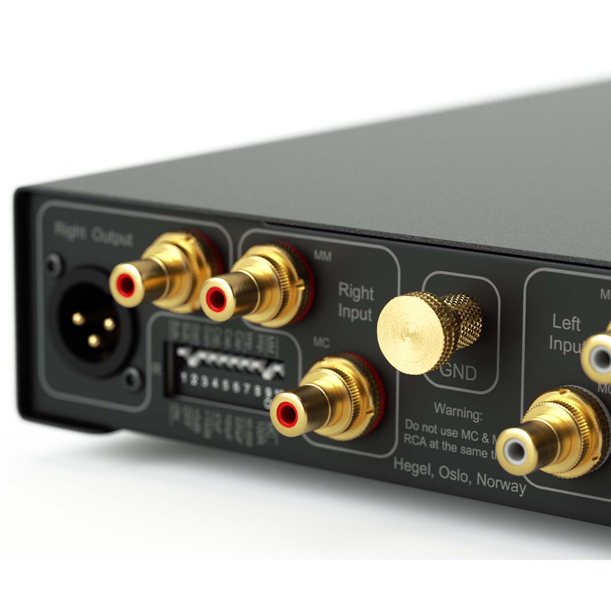 Hegel V10 Phono Preamplifier back view angled left close-up of left side