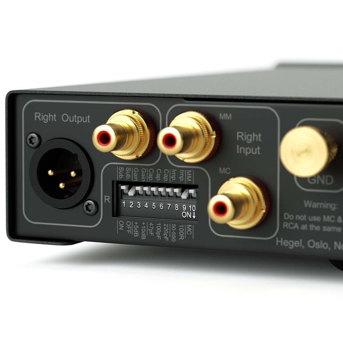 Hegel V10 Phono Preamplifier back view angled left close-up of switches on left side