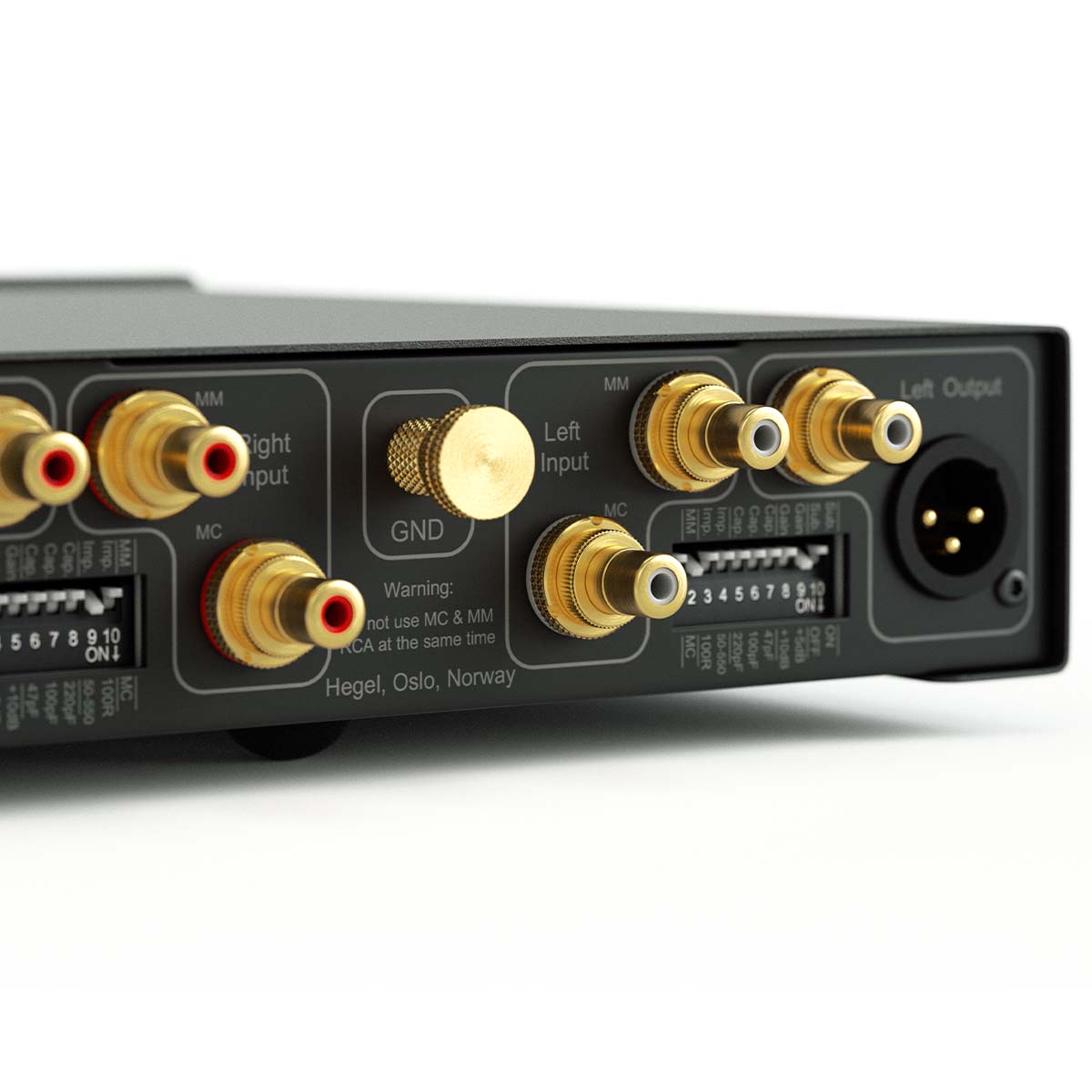 Hegel V10 Phono Preamplifier back view angled right close-up of right side