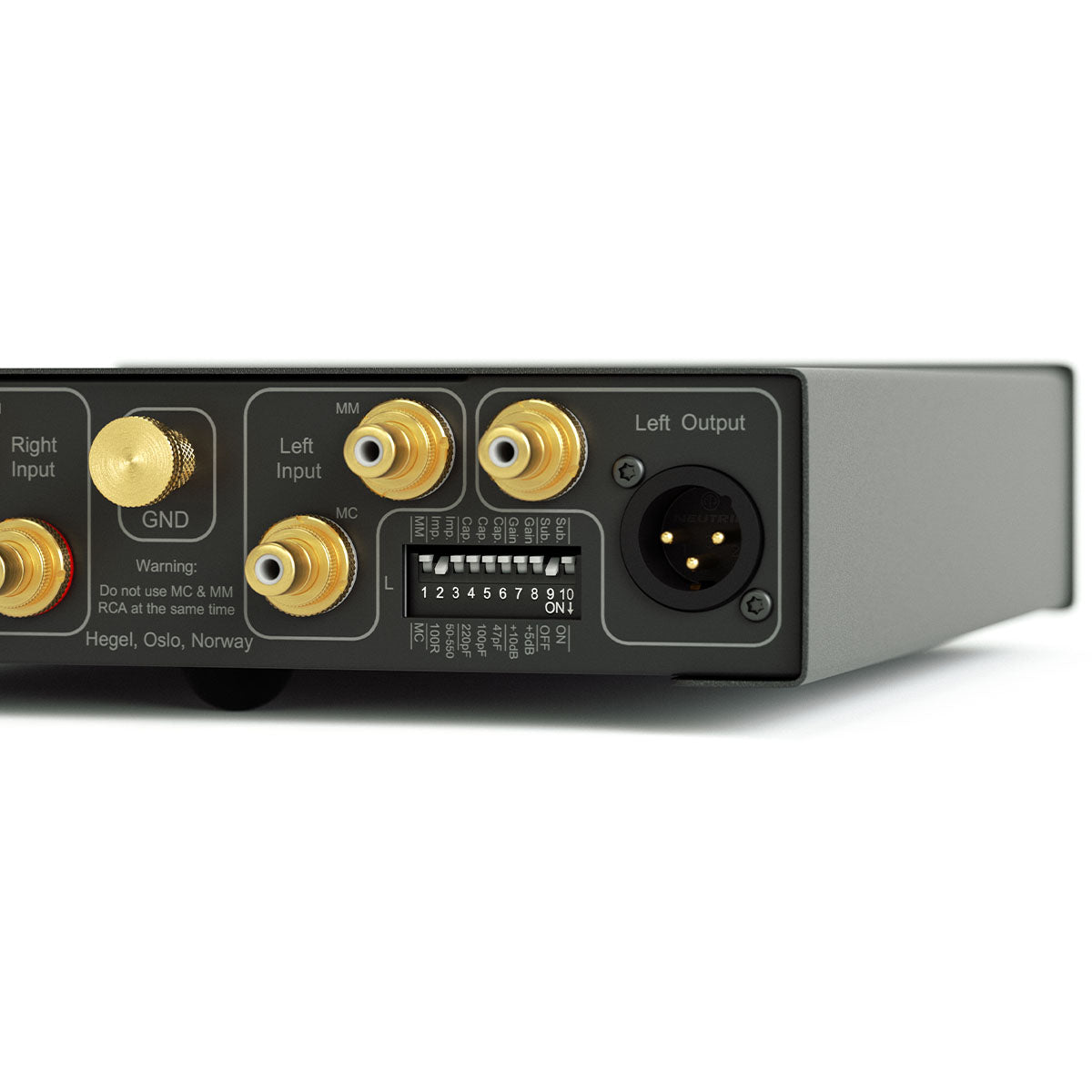 Hegel V10 Phono Preamplifier back view angled left close-up of right side