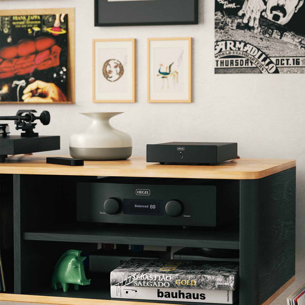 Hegel V10 Phono Preamplifier lifestyle shot of unit on cabinet medium shot