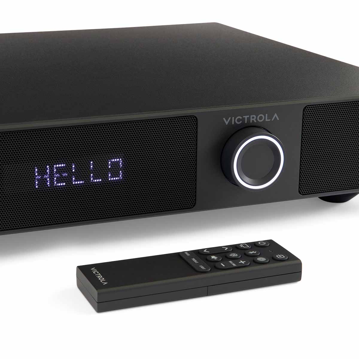 Victrola Soundstage Speaker System - Black - close-up of front panel and knob with remote to front