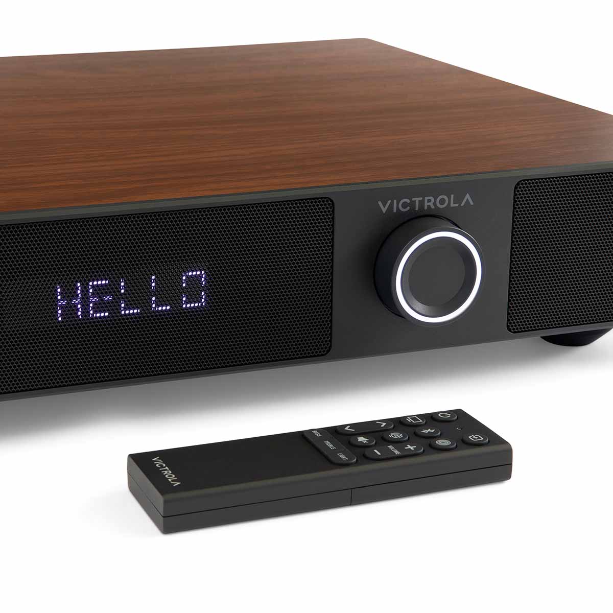 Victrola Soundstage Speaker System - Walnut - close-up of front panel and knob with remote to front