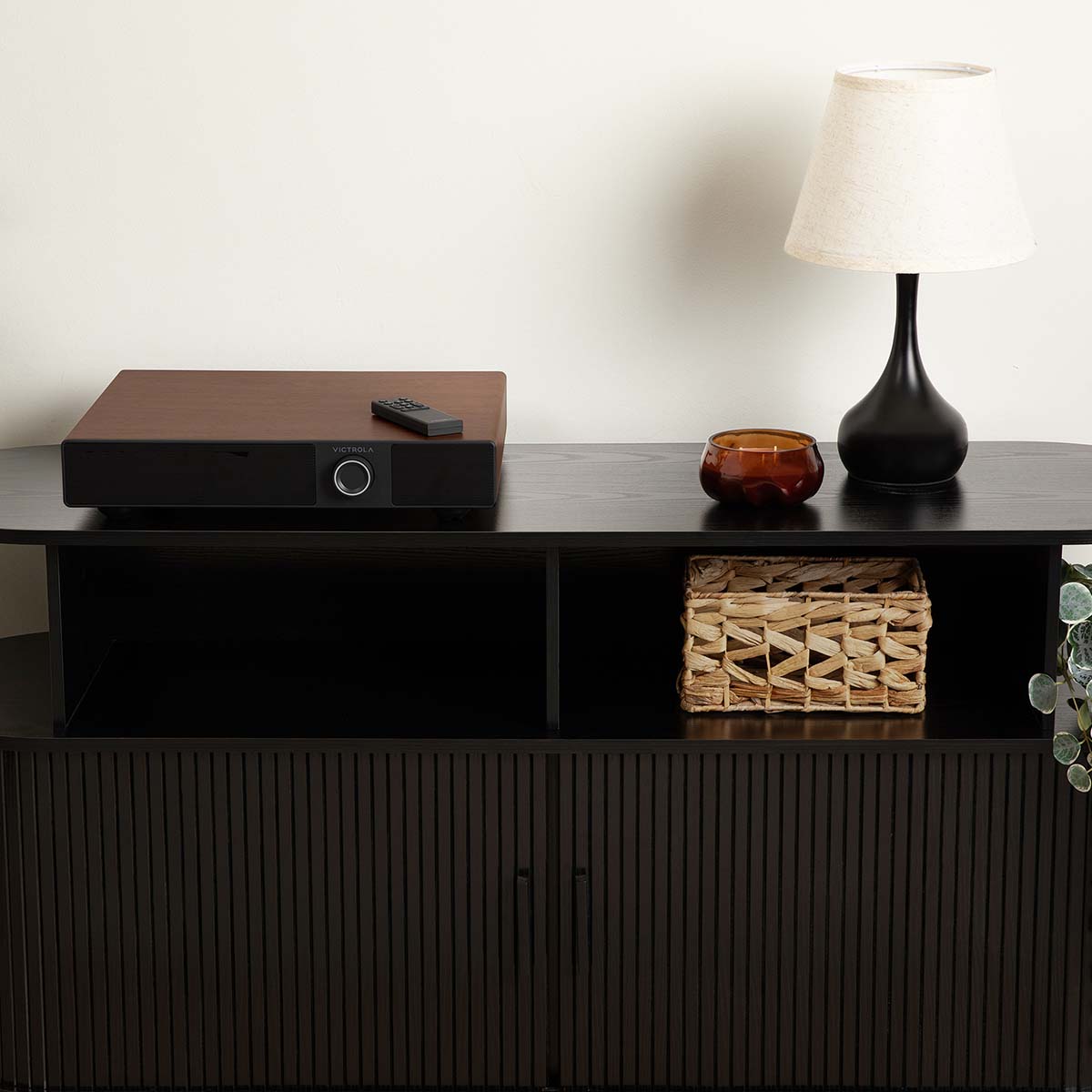 Victrola Soundstage Speaker System - Walnut - lifestyle photo of unit on credenza