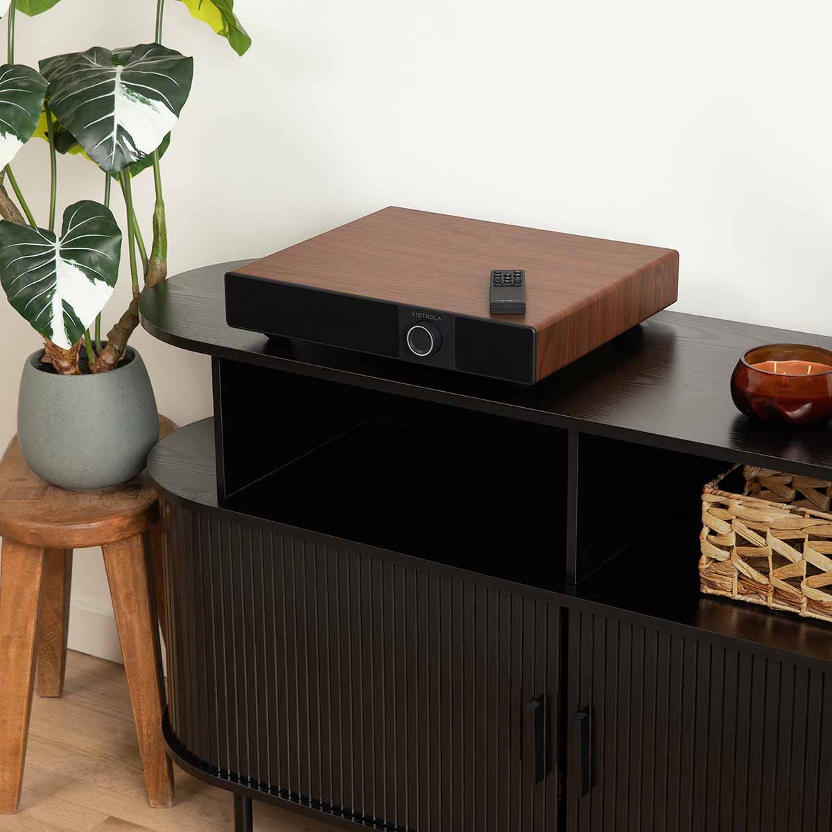 Victrola Soundstage Speaker System - Walnut - lifestyle photo of unit on credenza