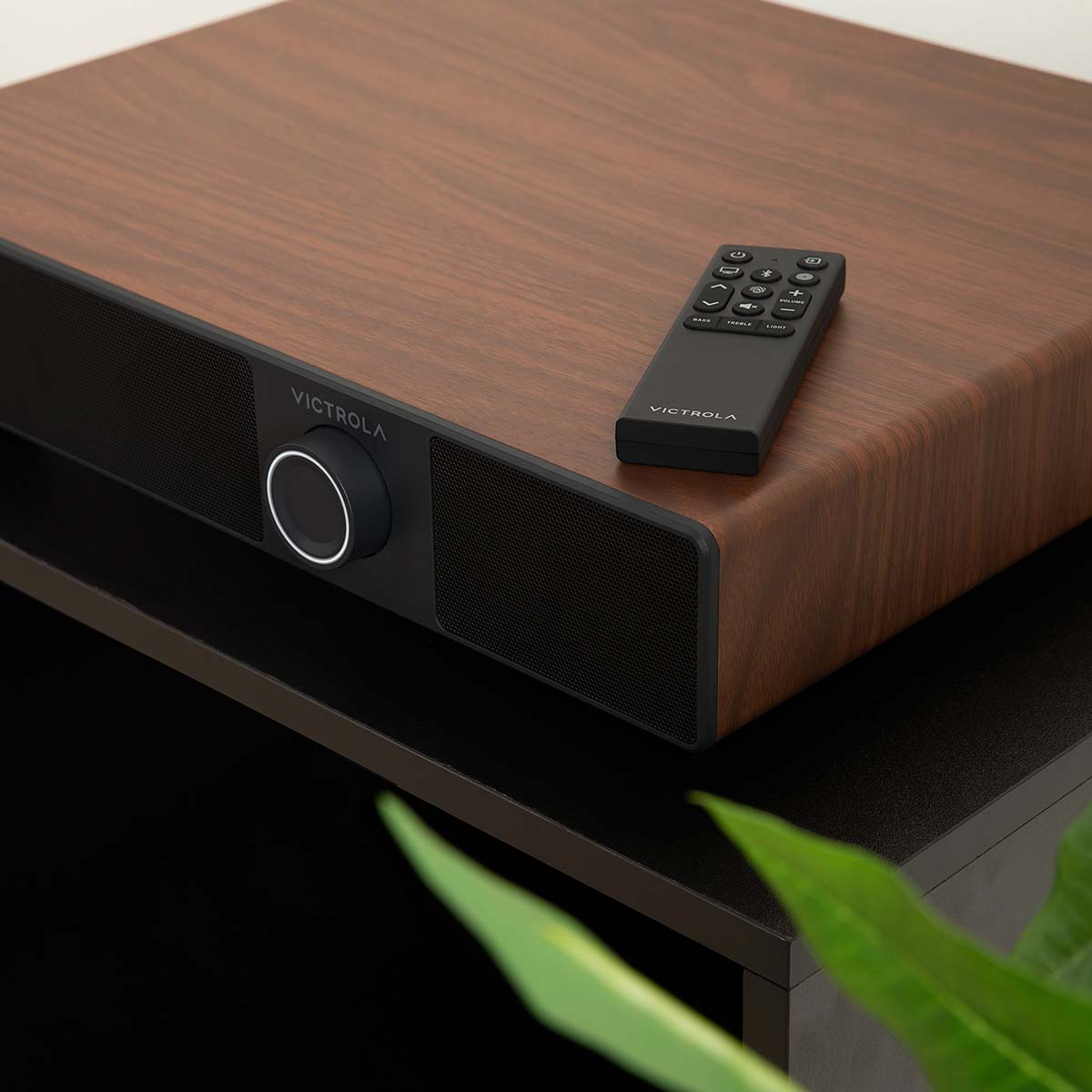 Victrola Soundstage Speaker System - Walnut - lifestyle photo close-up of unit on credenza