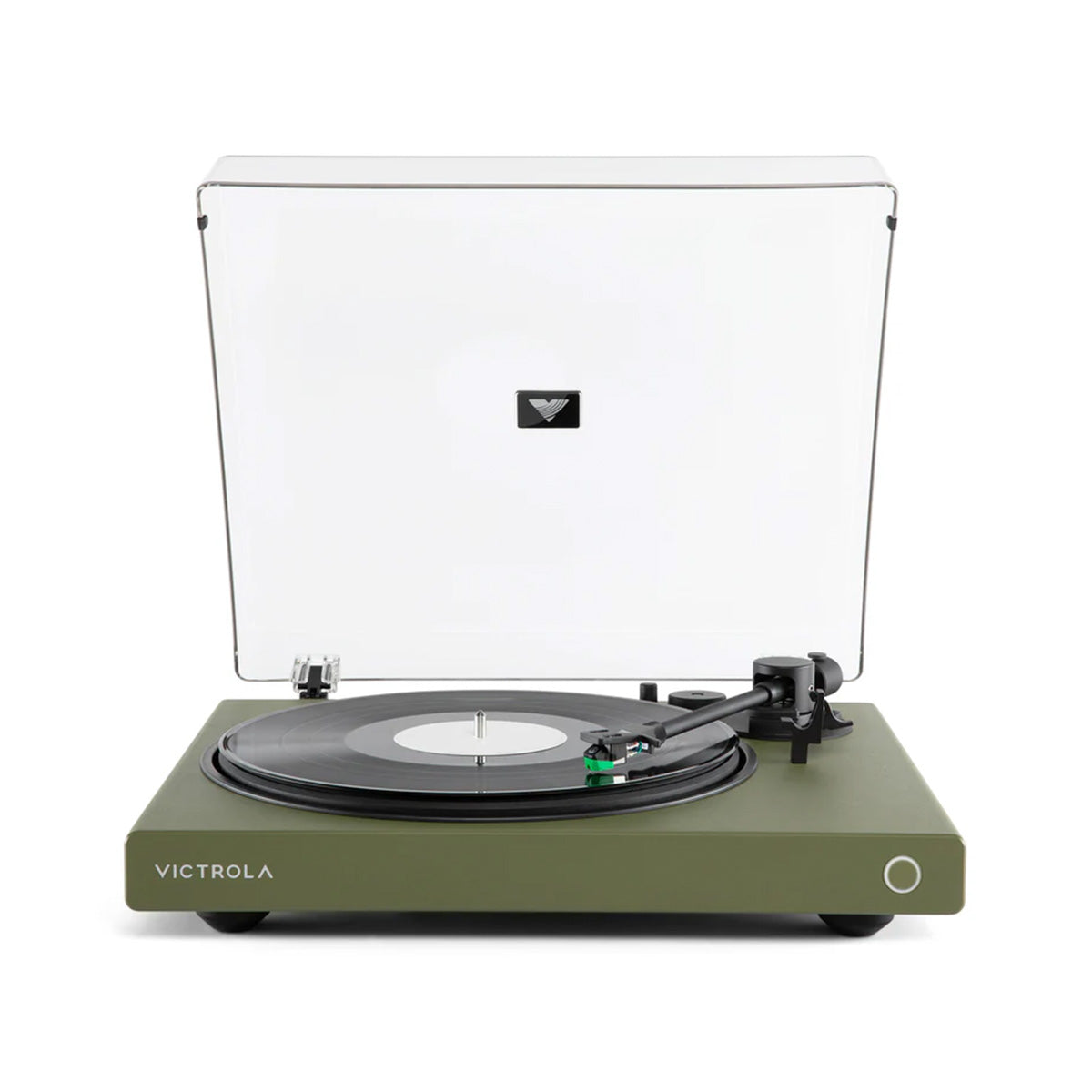 Victrola Wave Bluetooth Turntable - matte green with open dust cover - front view
