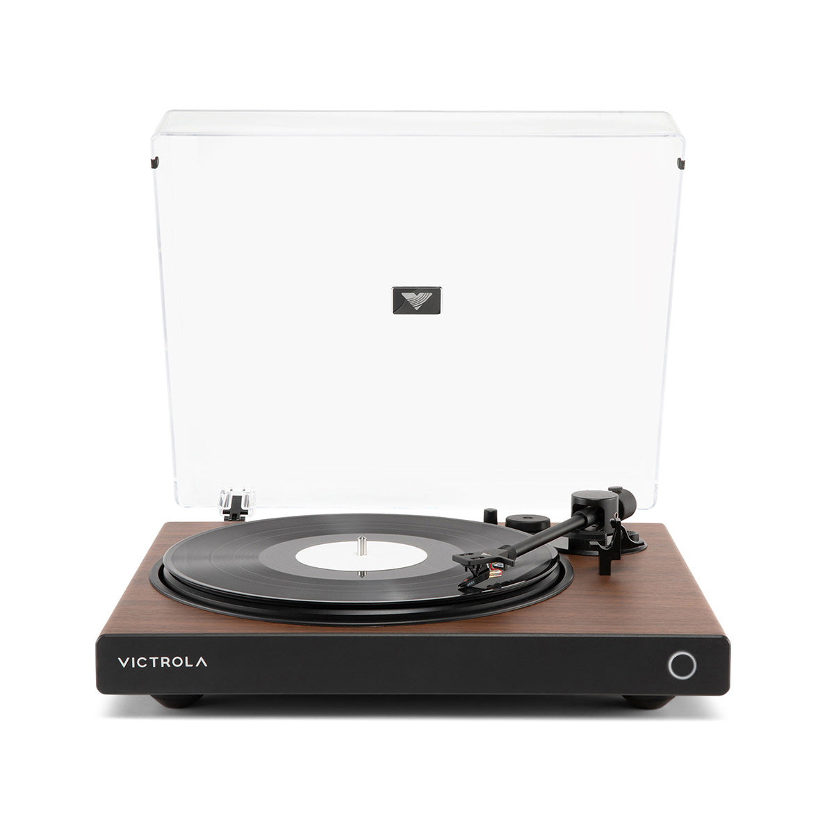 Victrola Wave Bluetooth Turntable - walnut with open dust cover - front view