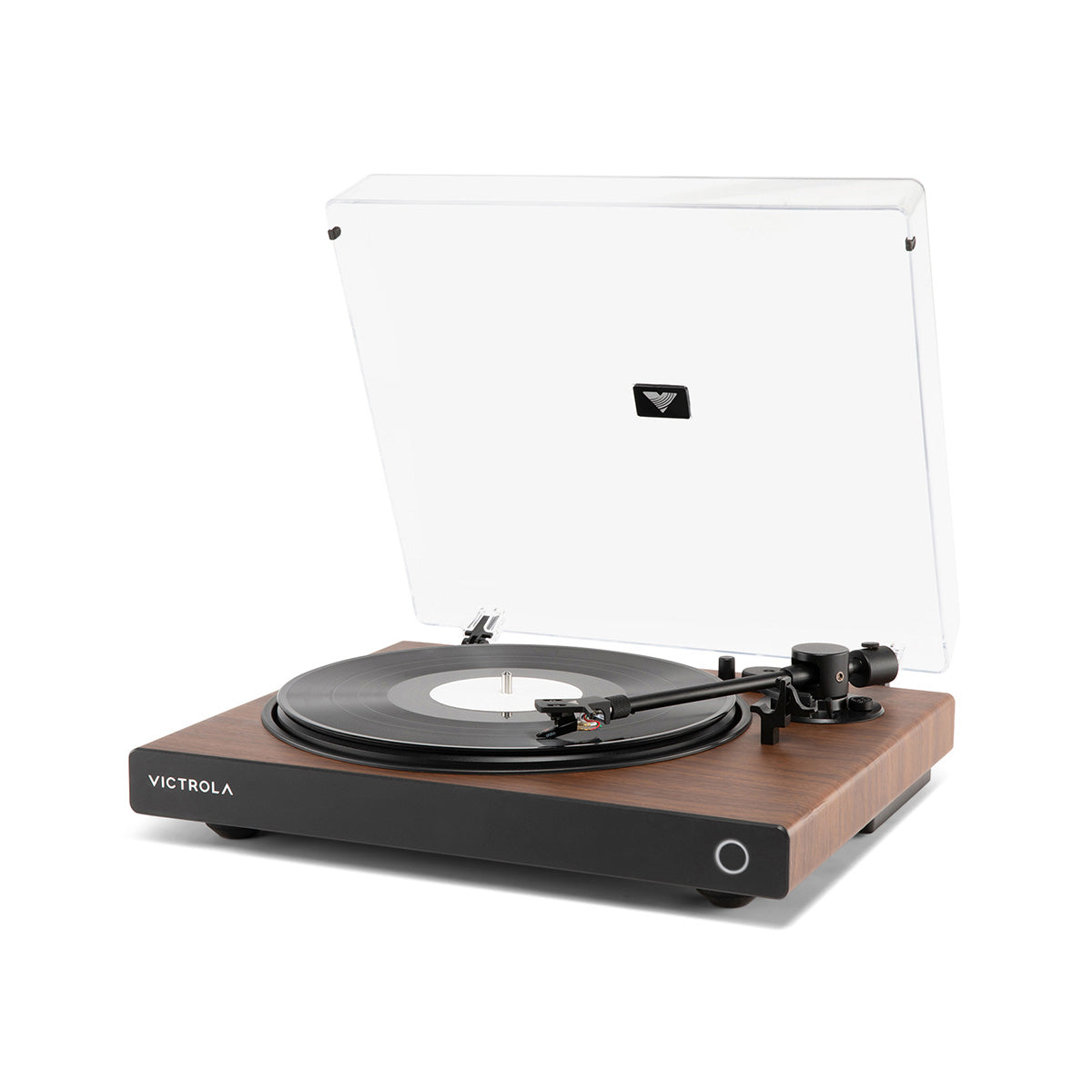 Victrola Wave Bluetooth Turntable - walnut with open dust cover - angled front view