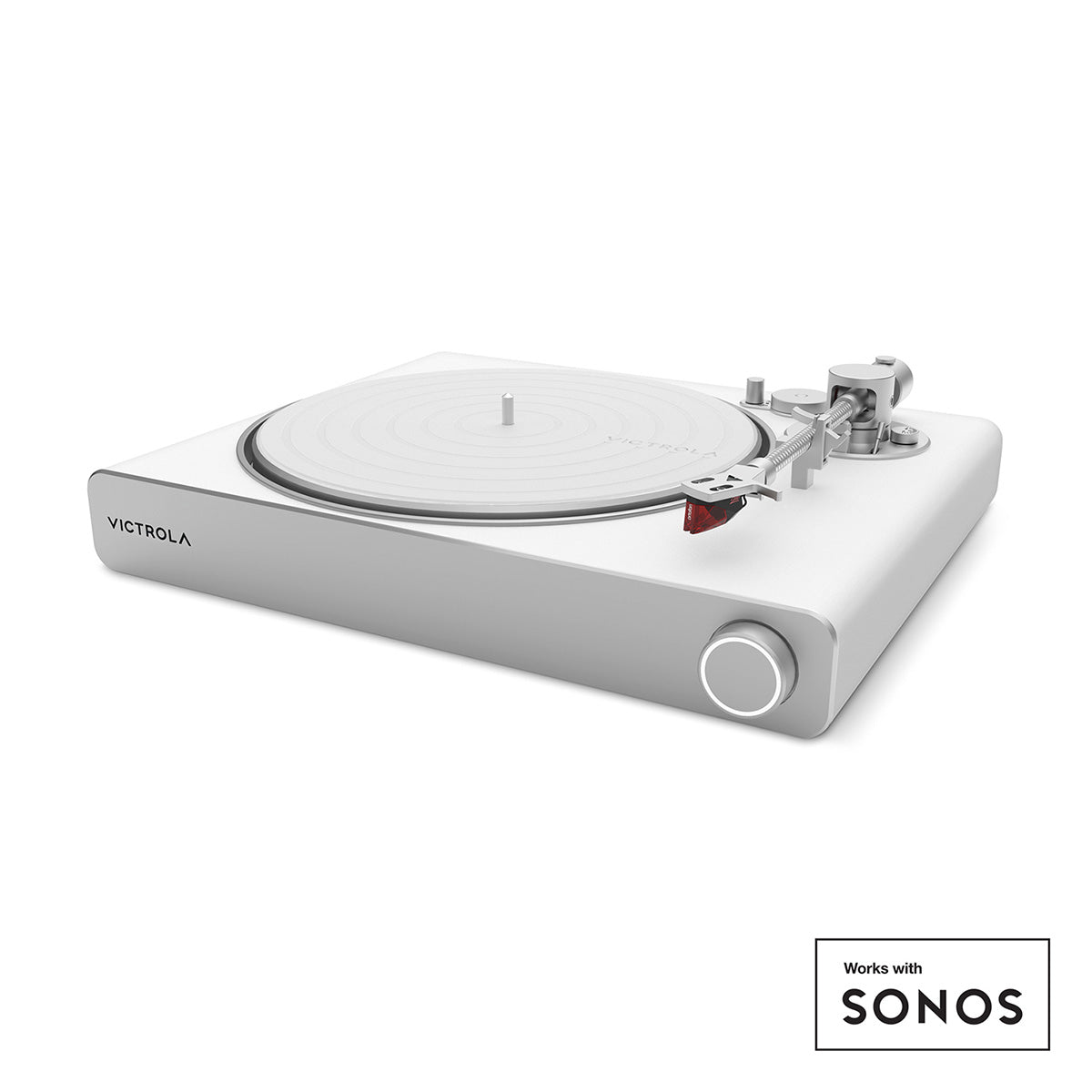 Victrola Stream Pearl Wi-Fi Streaming Turntable - white and silver - front view angled left with no record on platter and Works with Sonos logo in bottom right