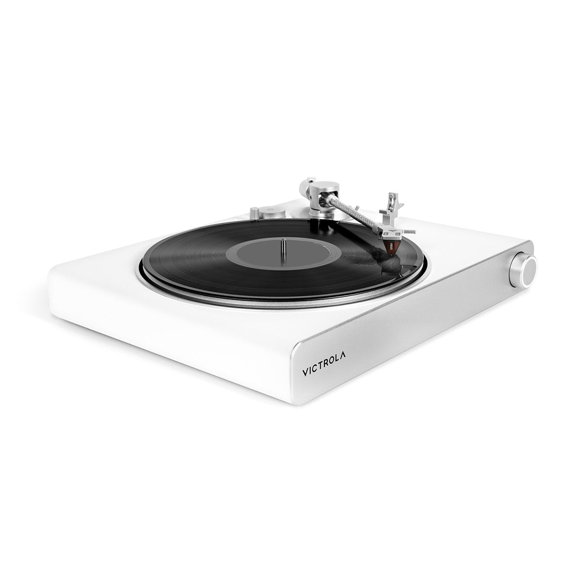 Victrola Stream Pearl Wi-Fi Streaming Turntable - white and silver - front view angled right with record on platter and tonearm engaged
