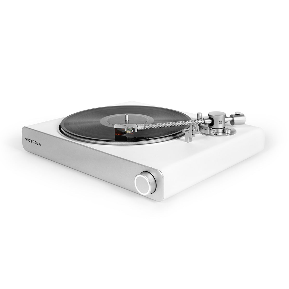 Victrola Stream Pearl Wi-Fi Streaming Turntable - white and silver - front view angled left with record on platter and tonearm engaged