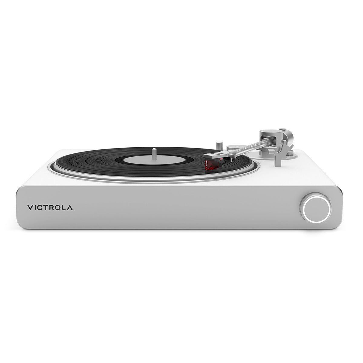 Victrola Stream Pearl Wi-Fi Streaming Turntable - white and silver - front view with record on platter and tonearm engaged